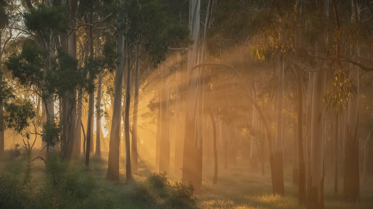 Early morning sunlight streaming through Australian bush